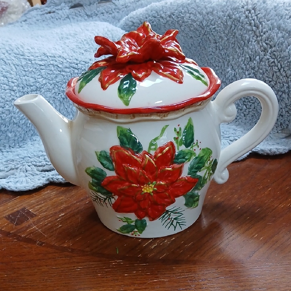 White Ceramic Poinsettia Teapot with Red & Green Floral Accents